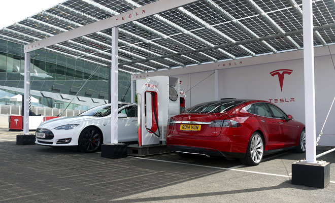 Tesla model S at solar charging station