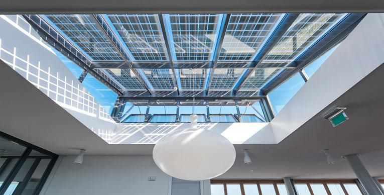 glass solar panels in a skylight