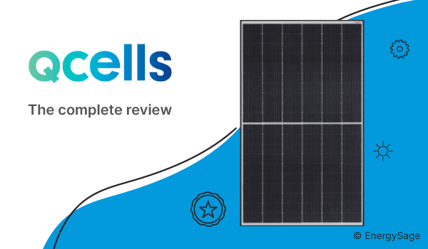 Image of a black solar panel on a white and blue background. The text on the image reads Q CELLS the complete review