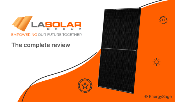 Image of a black solar panel on a white and orange background. The text on the image says LA Solar Group the complete review